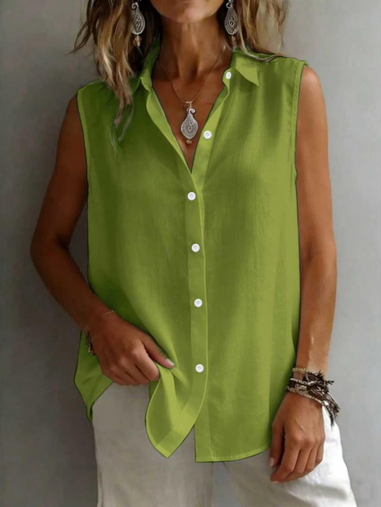 Women's Solid Color Casual Lapel Sleeveless Shirt