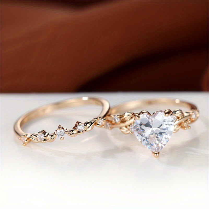 2-Piece New Inlaid Zircon Diamond Heart-shaped Stackable Rings, Retro Minimalist Fashion Rings