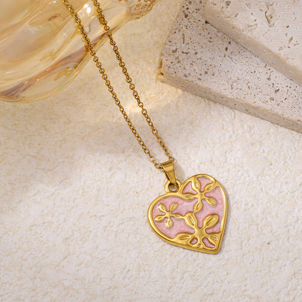 Stainless Steel Dripping Oil Heart-shaped Pendant Necklace