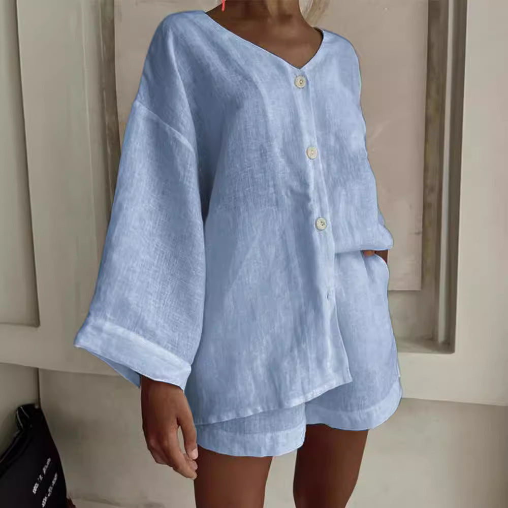 Fashionable Cotton-Linen Shirt And Shorts Casual Set