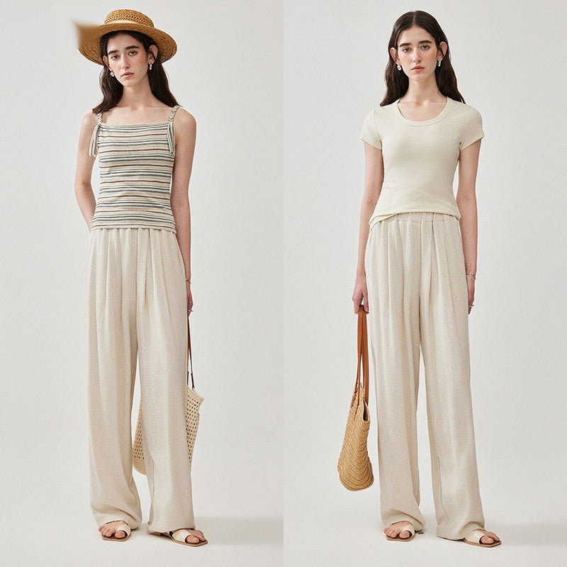 Cotton-linen Textured Wide-leg Casual Pants Loose-fitting