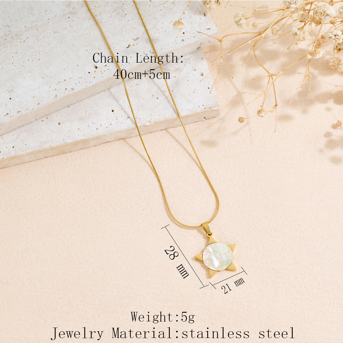 Stainless Steel Moon And Star-shaped Inlaid Shell Pendant Necklace
