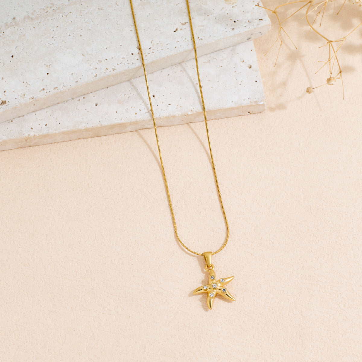 Ocean Wind Starfish Style Stainless Steel Inlaid Rhinestone Pendant Necklace
