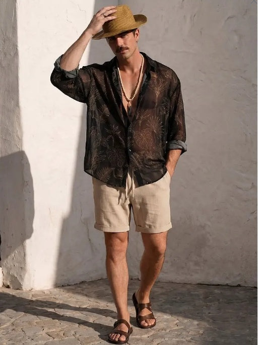 Dark Botanical Print Sheer Oversized Shirt