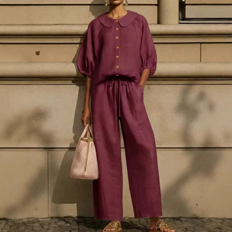 Womens Cotton-Linen Lantern-Sleeve Shirt Set