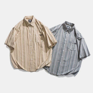 Japanese Style Striped Vintage Short Sleeve Shirt For Men