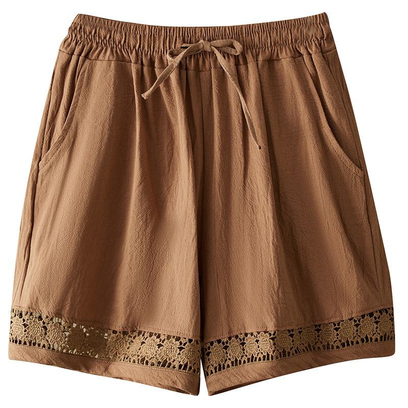 Retro Artistic Hollowed-Out Lace Trim Shorts Womens Casual Wide-Leg Pants