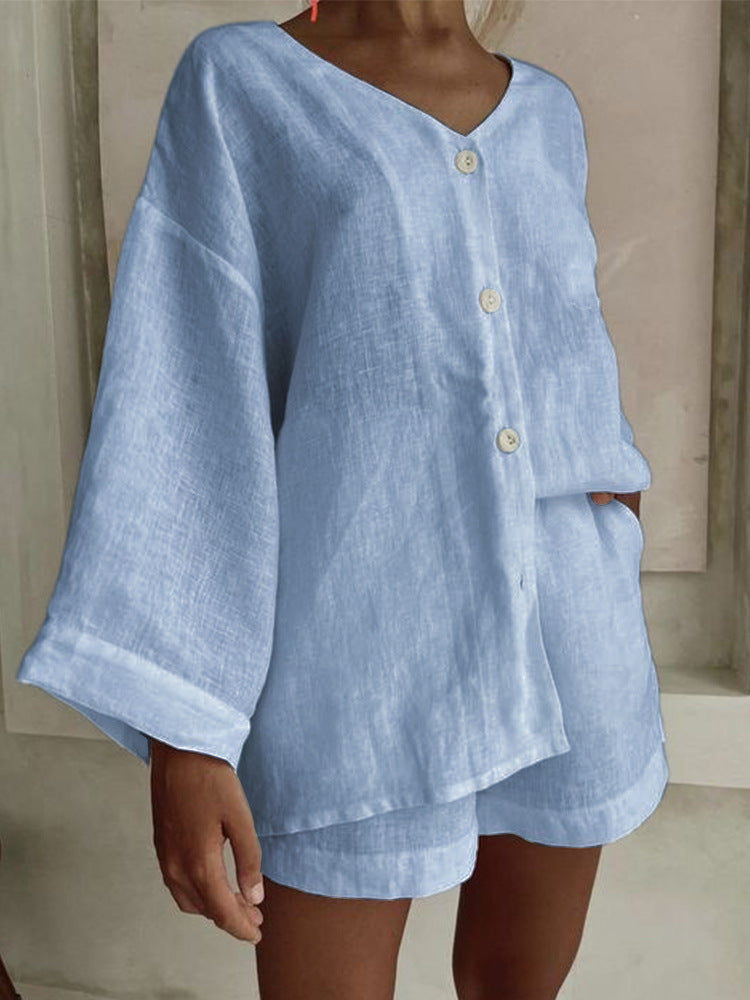 Fashionable Cotton-Linen Shirt And Shorts Casual Set