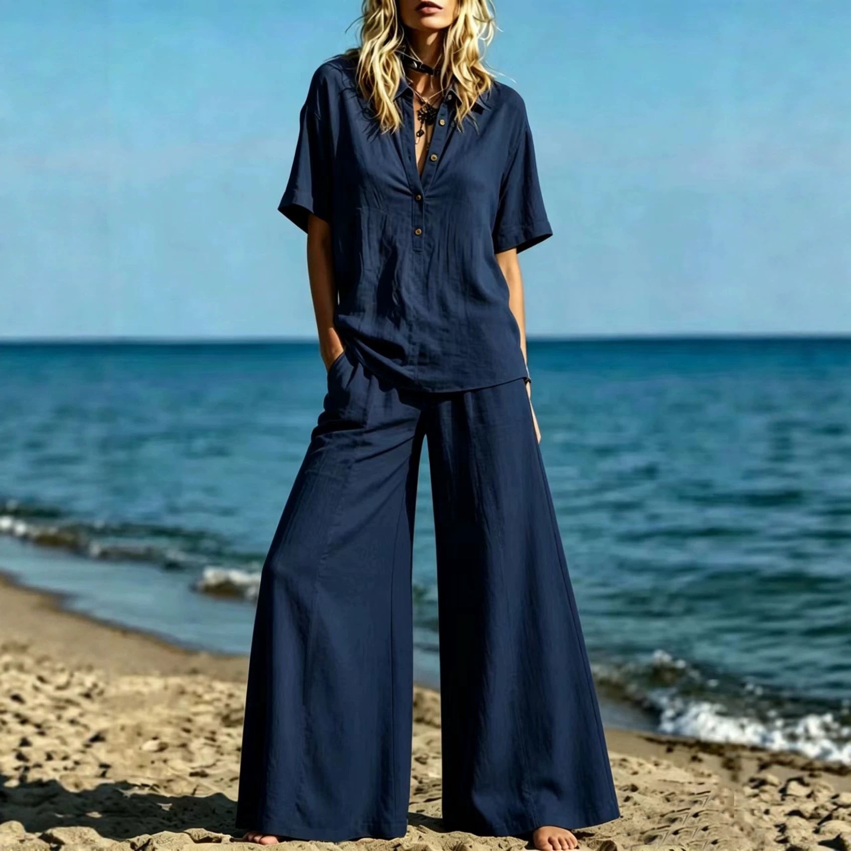 Button-down Shirt And Wide-leg Pants Two-piece Set For Women