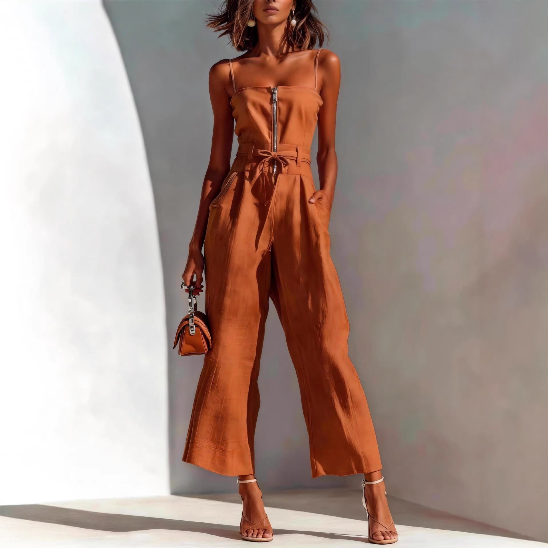 Strapless Sleeveless Lace-up Womens Jumpsuit With Wide-leg Trousers