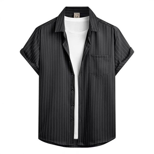 Striped And Solid-color Short-sleeve Shirt-cardigan