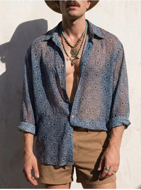 Men's Moroccan Tile Print Sheer Shirt