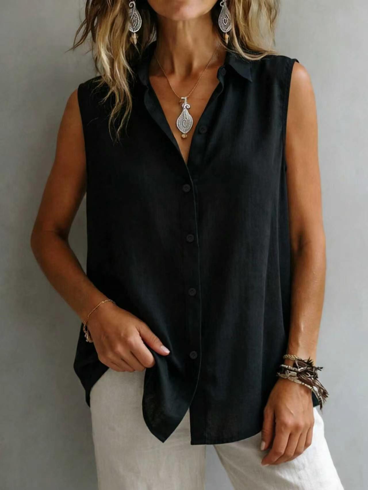 Women's Solid Color Casual Lapel Sleeveless Shirt