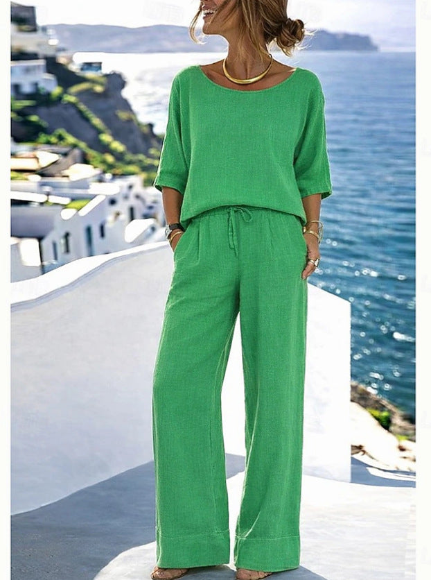Cotton-Linen Minimalist Elegant Resort Short-Sleeve Pants Set