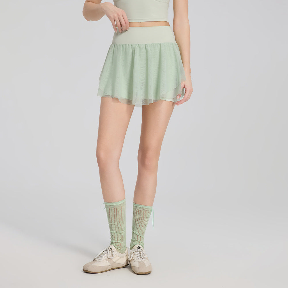 Summer Elastic Waist Sheer Panel Pocket Yoga Skirt