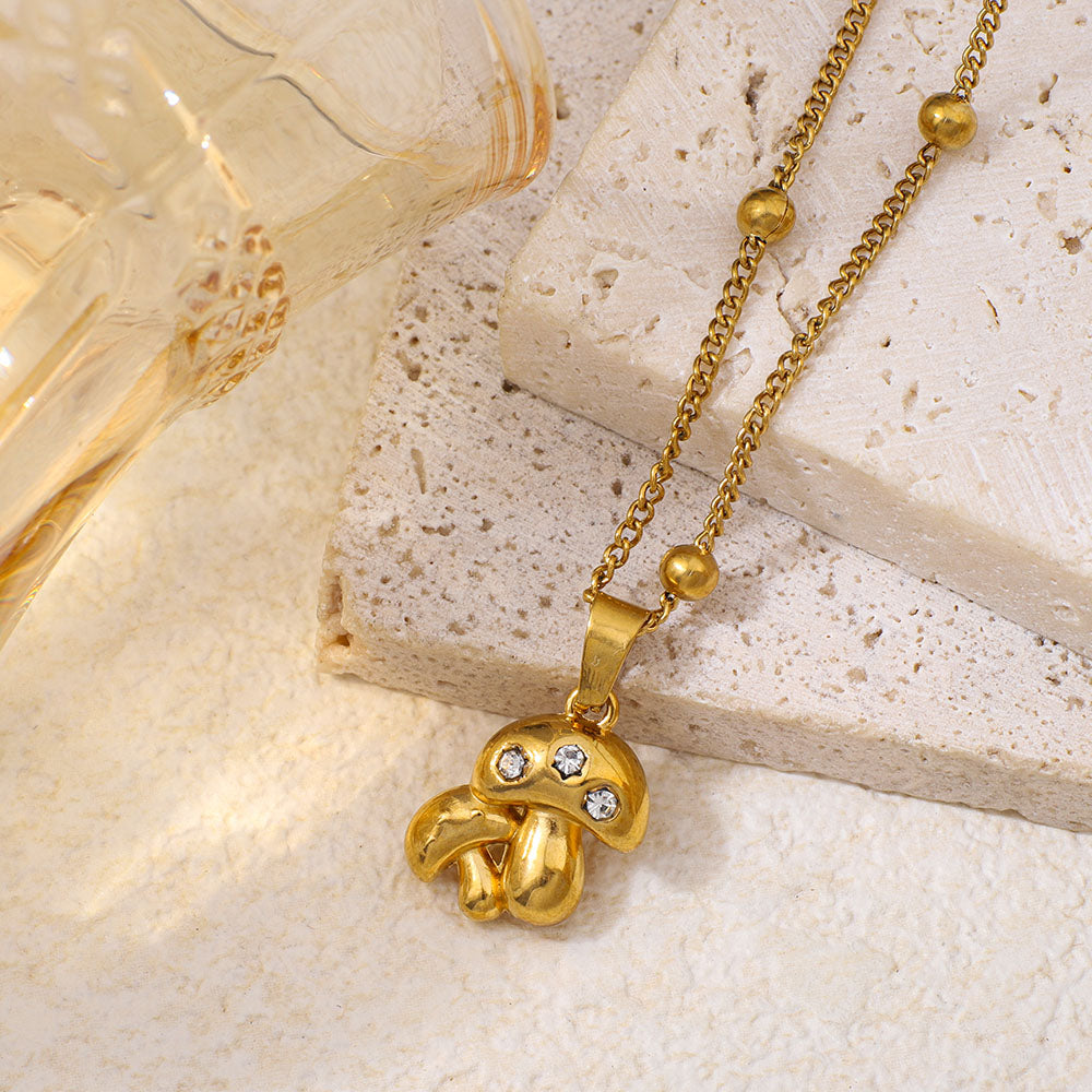 Stainless Steel Mushroom-shaped Inlaid Rhinestone Pendant Necklace