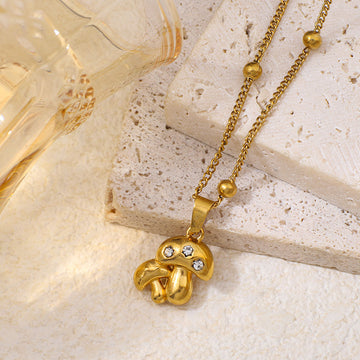 Stainless Steel Mushroom-shaped Inlaid Rhinestone Pendant Necklace