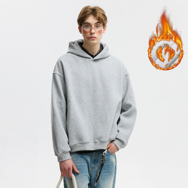 Short Wide Fleece Hooded Sweatshirt For Men And Women In American Solid Color