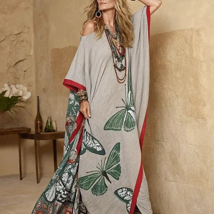 Printed V-Neck Three-Quarter Sleeve Long Kaftan Dress