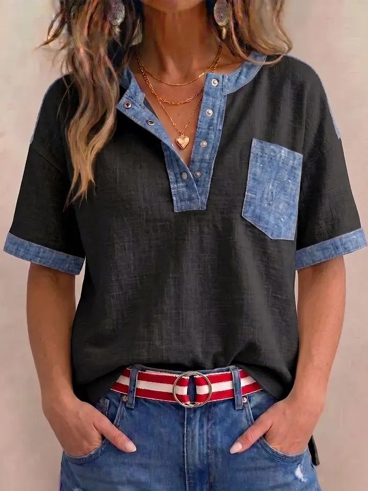 Women's Casual Loose-Fitting Patchwork Short-Sleeve Top