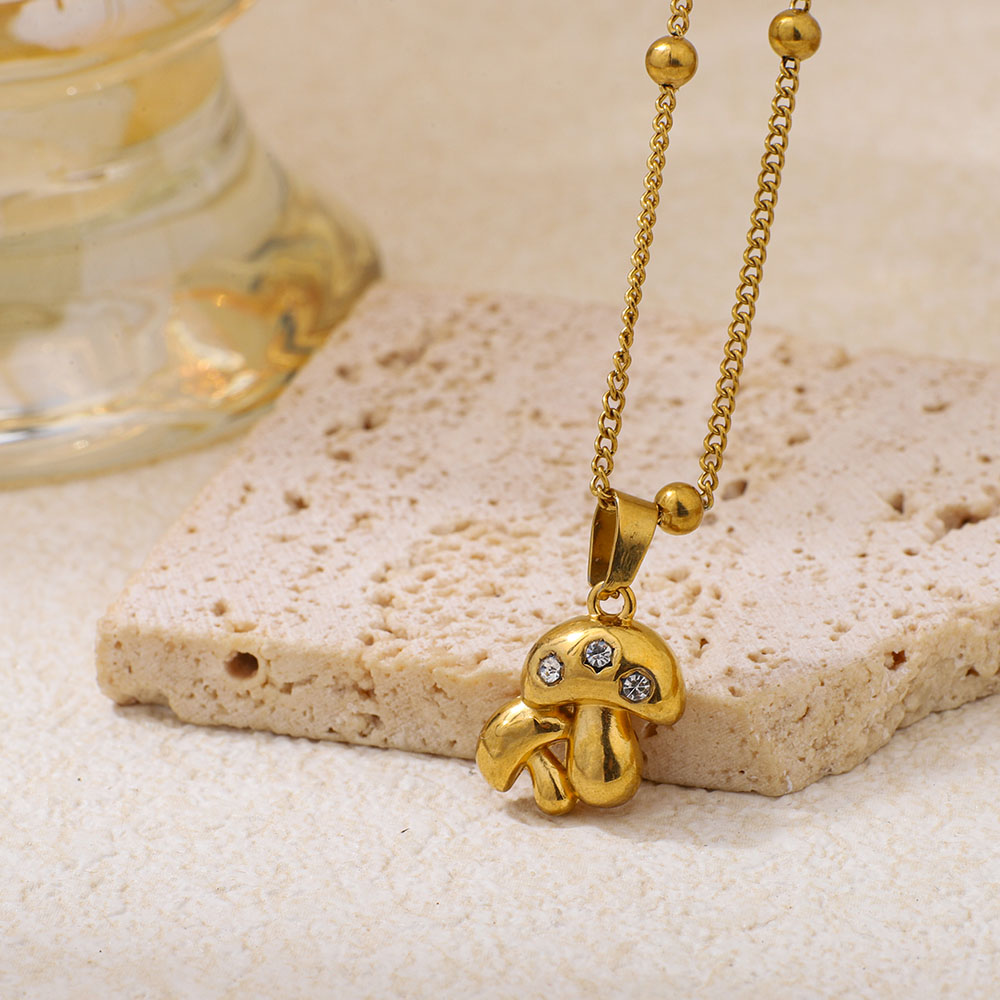 Stainless Steel Mushroom-shaped Inlaid Rhinestone Pendant Necklace