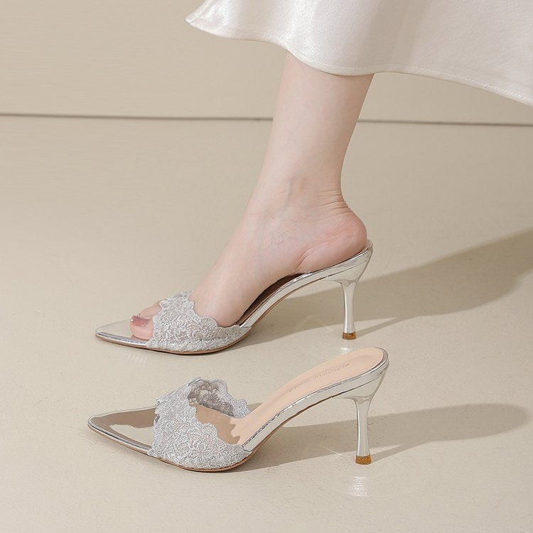 2026 Summer New French Lace Pointed Toe Slides Gentle Style Stiletto Outdoor Women Sandals